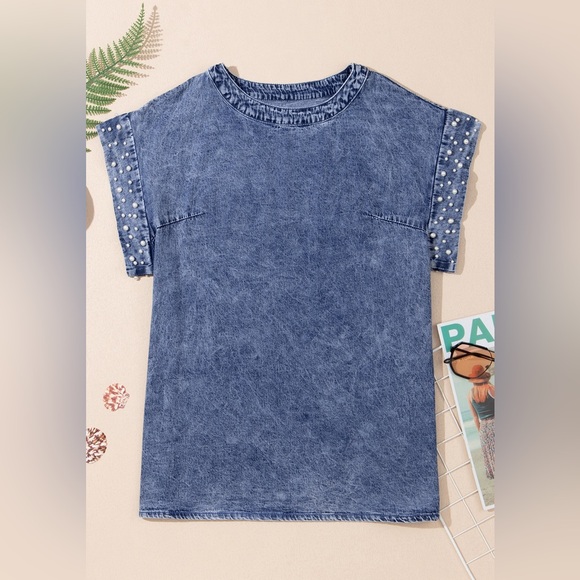 Dusk Blue Acid Wash Pearl
Embellishments O-neck Denim Top - Picture 12 of 16